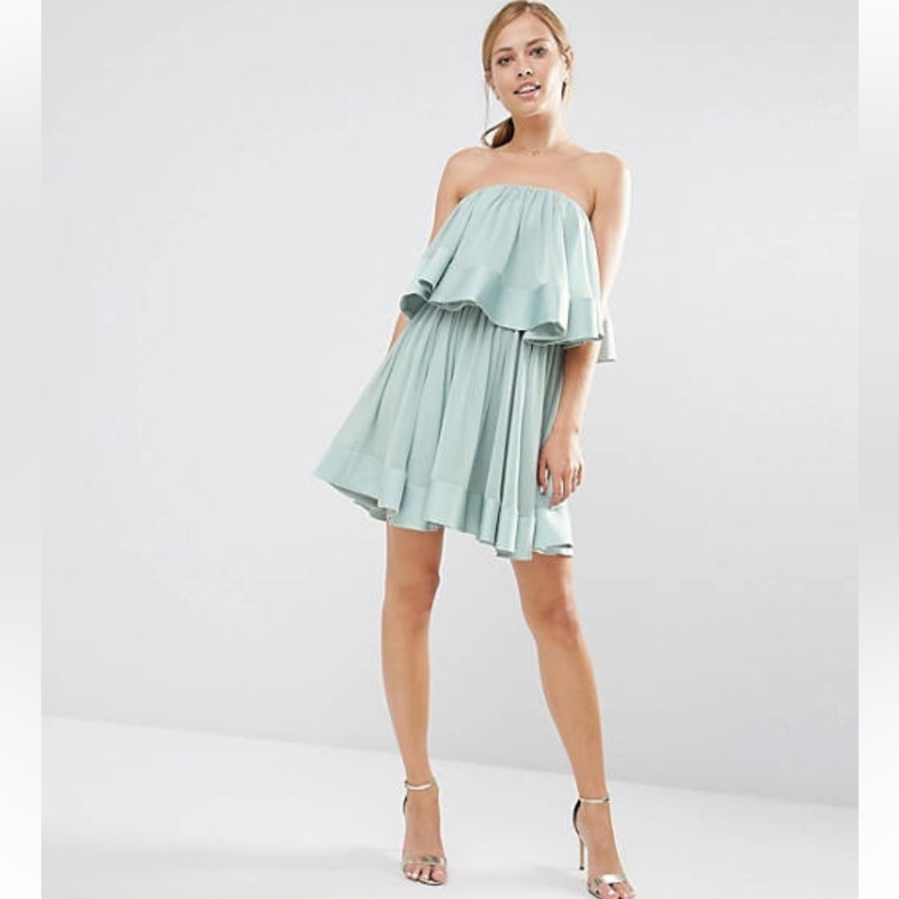 Keep sake  mint green lined woven  raffle design bandeau neckline dress …